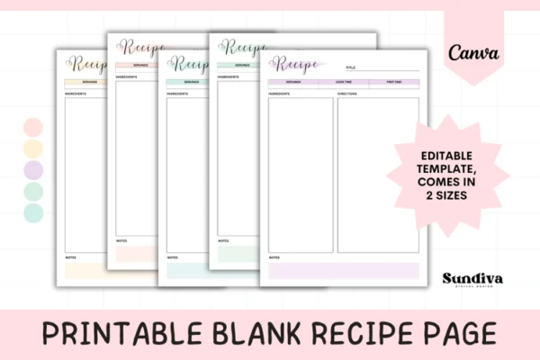 Editable Blank Recipe Page Canva Template - 5 Colors 3