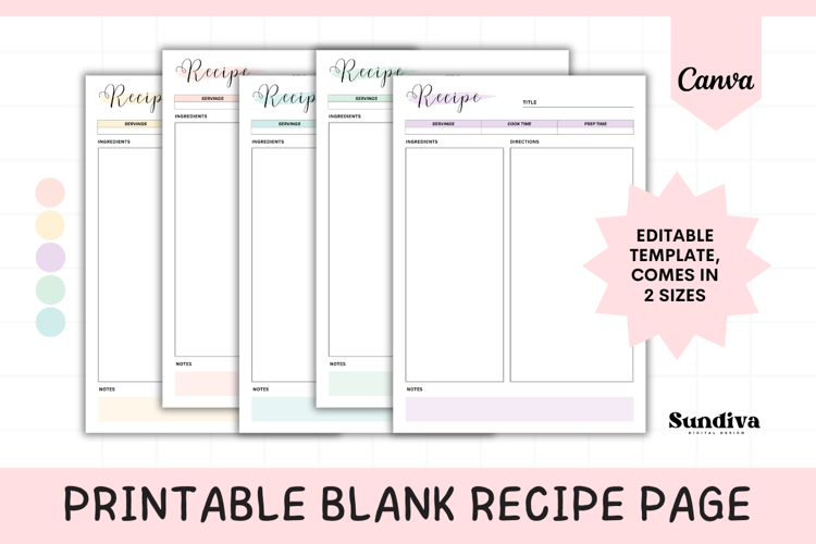 Editable Blank Recipe Page Canva Template - 5 Colors 3